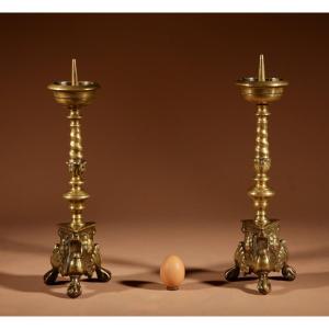 A Real Pair Of Original Southern Netherlands (flemish) Brass Pricket Candle Sticks Circa 1680.