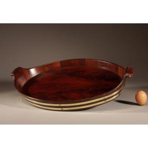 A Very Decorative And Useful Original Oval Mahogany And Brass Coopered Tray