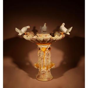 A Illuminated Unusual Vallauris Ceramic Love Birds And Dolphins Free Standing Centre Fountain.