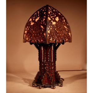 Amsterdam School 1900-20 A Very Impressive And Stylish Fretwork Wooden Table Lamp.