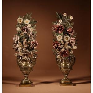 Very Decorative Italian Toleware And Brass Flower Vases, Circa 1850-70
