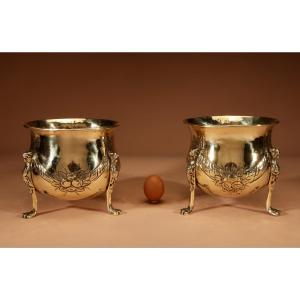 A Decorative Pair Of Embossed Brass Planters/jardinieres, Dinanderie.