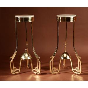 Amsterdam School Style Pair Of Rare Brass And Marble Coffee/plant/lamp Stands Tables Circa 1900