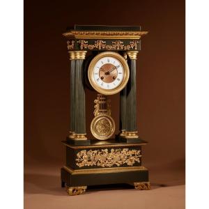 French Bronze Portico Clock, Originally Patinated And Gilded, Circa 1880.