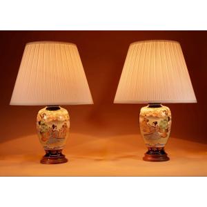  Very Decorative Real Pair Of Japanese Satsuma Table Lamps.