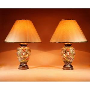  Very Decorative Real Pair Of Japanese Satsuma Table Lamps.