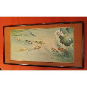 Oriental Koi Fish Carp Oil Painting Signed Canvas On Board