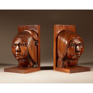 Pair Of Art Deco Carved Hardwood Bookends, Signed V. Ramirez, Bolivia, Circa 1920-1940