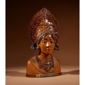 High Quality Carving And Painted Large Sculpture Of An Indonesian Janger Dancer, Circa 1930