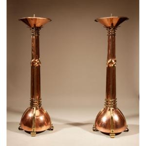 Pair Of Art Nouveau/art Deco Candlesticks, Dutch School, In Copper And Brass, Signed.