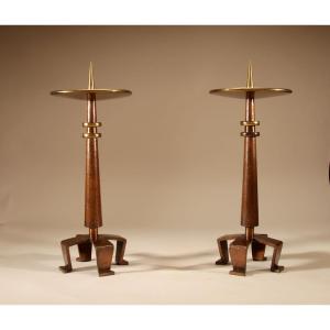 Art Nouveau/art Deco Dutch School Large Copper And Brass Pair Of Pricket Candlesticks 