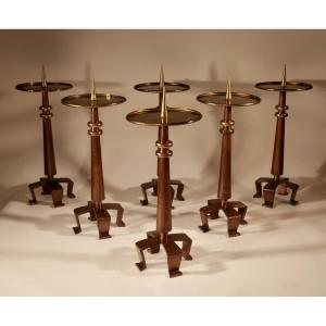  Six Large Art Nouveau/art Deco Style Copper And Brass Pincushion Candlesticks, School 