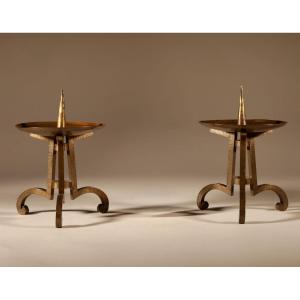 Art Nouveau/art Deco Dutch School Rare Wrought Brass Pair Of Pricket Candlesticks.