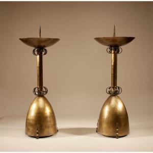 Pair A: Very Impressive Amsterdam School Pair Of Brass/iron Pricket Candlesticks Circa 1900-20 
