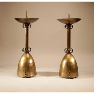Pair B: Pair Of Pricket Candlesticks In Brass And Wrought Iron, Amsterdam School Style, 1900