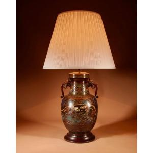 A Large Impressive Champlevé Japanese Bronze Table Lamp.