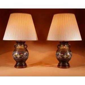 Pair Of Large Japanese Champlevé Bronze Table Lamps.