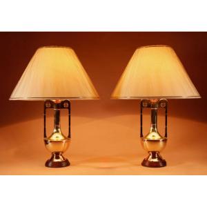 1900-20 Gustave Serrurier Bovy Style, Copper And Brass Stylish Pair Of Table Lamps