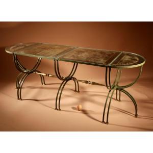 Four Parts Art Deco Wrought Iron, Brass And Original Glass French Coffee Table.