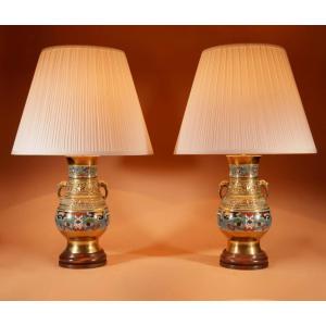 Pair Of Japanese Brass And Enamel Champlevé Japanese Table Lamps.