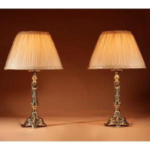 A Small Pair Of Cast Brass Elegant Table Lamps In The Louis XVI Style Circa 1900-20.