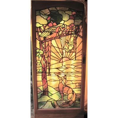 Tiffany Style Leaded Glass Parrot And Fox Door Window