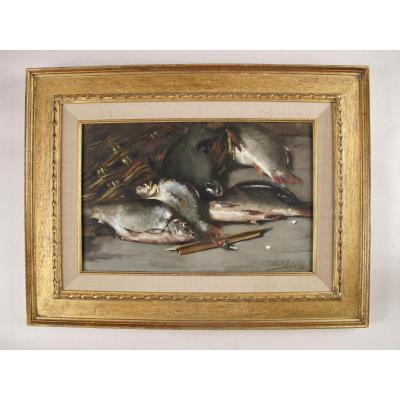 A Very Interesting And Rare Crayon Of An Angler’s Catch Of Coarse Fish And A Float. Signed And