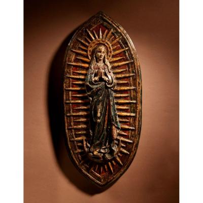 A Very Rare Oak Medieval Sculpture Of A Central Panel From An Altarpiece Of The Praying Virgin 