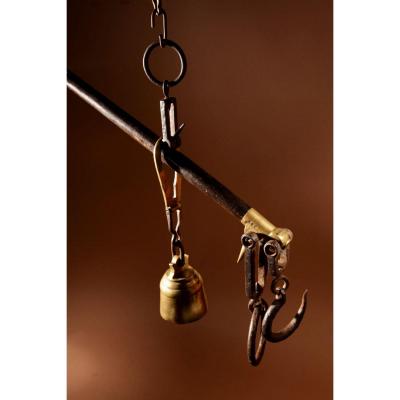 A Very Decorative Hardwood, Wrought Iron And Brass Stick Balance.