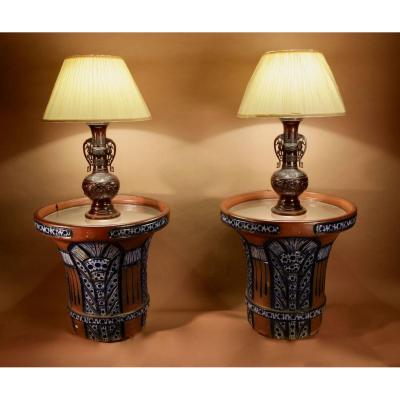 A Pair Of Very Rare And Impressive Decorative Art Deco Large Pottery “gres” Jardinières, Eliminated Side Tables.