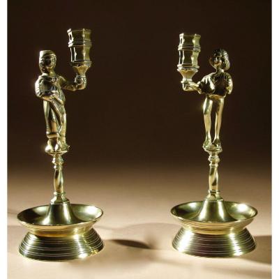 Rare Pair And Very Decorative Neo-gothic Brass Candlesticks.