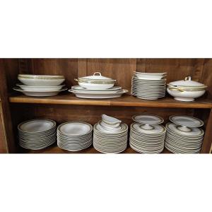 White Limoges Porcelain Service, Yellow And Black Decor, And Gilding, 93 Pieces
