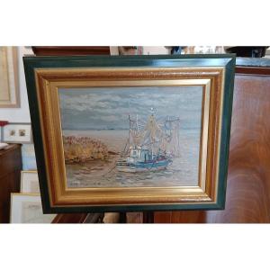 Oil On Canvas "port De La Maréchale, Médoc" By Jean Rigaud