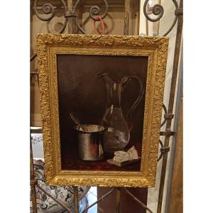 Small Oil On Canvas Depicting A Still Life With A Carafe, Tin, And Cheese