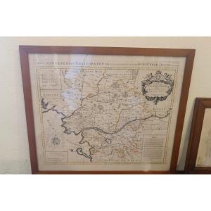 Watercolor And Framed Map From The 17th Century By H. Jaillot Of The Diocese Of Nantes
