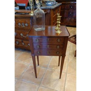 Louis XVI Style Bedside Table In Solid Mahogany With 3 Drawers, Late 18th Century
