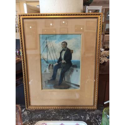 Pastel, Navy Officer In Uniform With His Dog