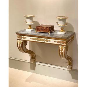 Italian Empire Console, Gilded Wood And Marble Top. 19th Century.