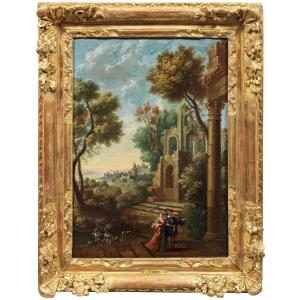 Pierre Antoine Patel (1648 Paris - 1707) Signed, "southern Landscape With Ruins And Lovers"