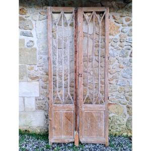 Pair Of Stripped Glass Doors, 246x115 Cm, Room Divider, Winter Garden, Woodwork Decor