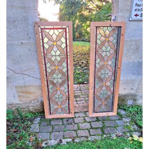 Pair Of Stained Glasses Windows With Colored Cabochons - Doors - Woodwork - Decor