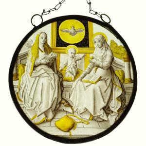 Stained Glass Window - Rondel Of Saint Anne With Mary And Baby Jesus, 16th Century Style