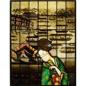 Stained Glass Panel-asian Harbor And A Girl