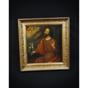 Saint Joseph Holding A Lily, Oil On Canvas, French School, 18th Century, 51 X 48 Cm, Giltwood Frame