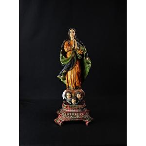 Large Polychrome Plaster Statue Of The Virgin Of The Immaculate Conception, Sacred Art, Late 19th Century