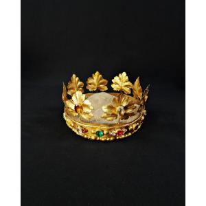 Large 19th-century Crown Of The Virgin Mary In Gilded Brass And Colored Glass Cabochon