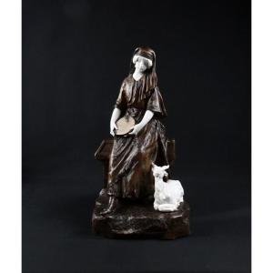 The Bohemian Shepherdess Of Mednat, A Spelter Statue With A Chryselephantine-style Porcelain Biscuit