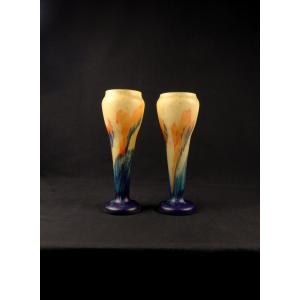 Pair Of Art Deco Vases In Multi-layered Glass With An Abstract, Colorful Marbled Effect