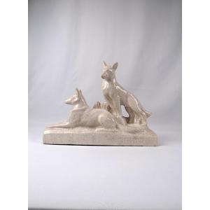 Art Deco Sculpture Of A Pair Of Wolves In Crackled Earthenware, Signed François Levallois (1882-1965)