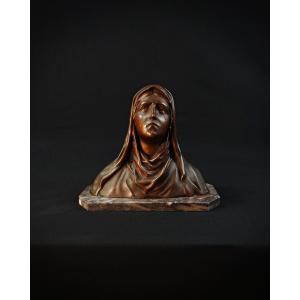 Oscar Ruffony (1874-1946) Bust Of The Weeping Virgin Mary In Spelter On Art Deco Marble